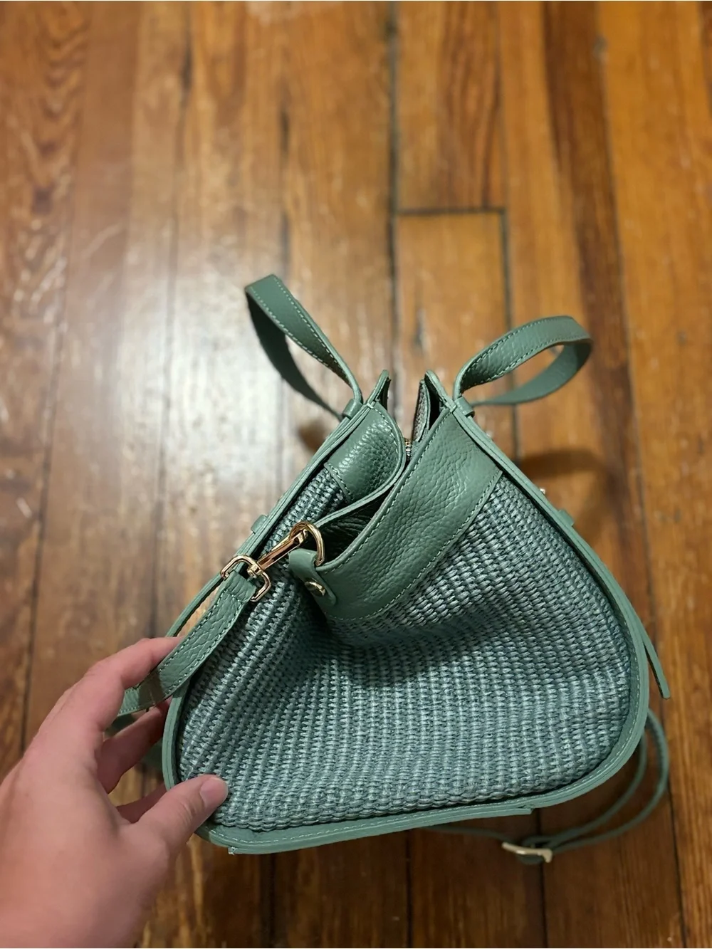 Structured Green Satchel with Gold Accents